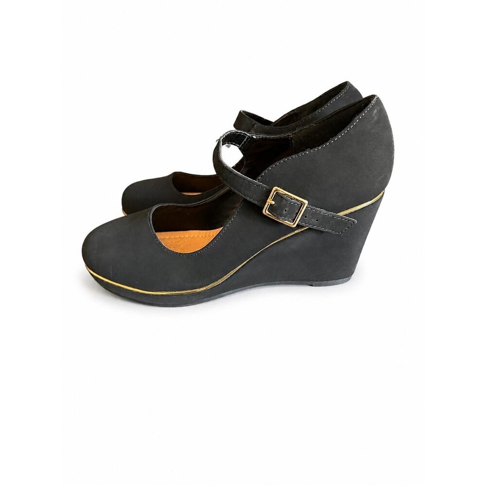 Andiamo Aclaudia Womens Black Wedge Mary Jane Heels Wide Size 7.5W